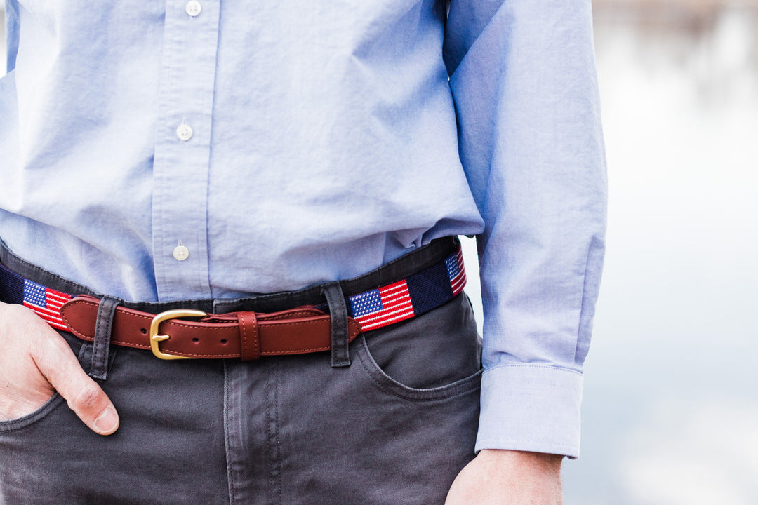 American Flag on Navy Needlepoint Belt