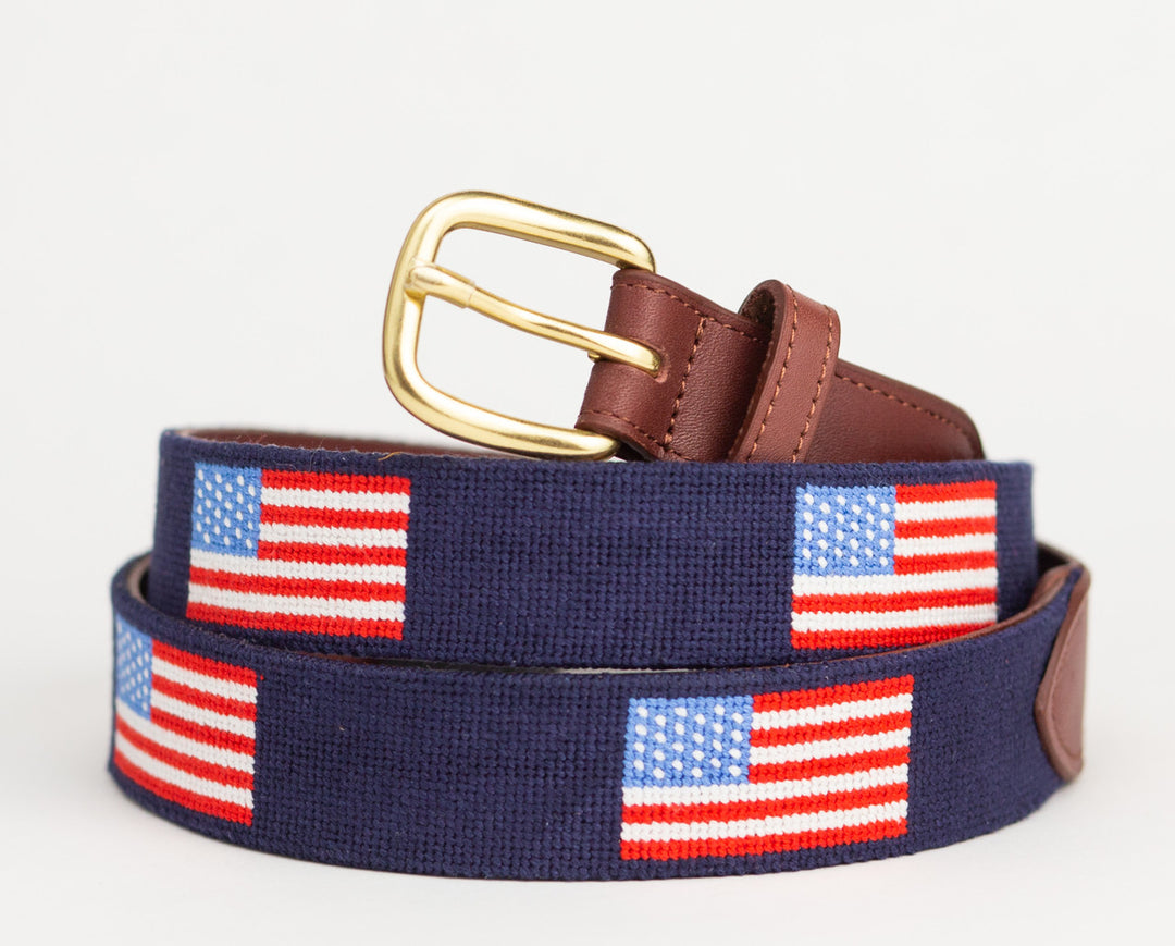 American Flag on Navy Needlepoint Belt
