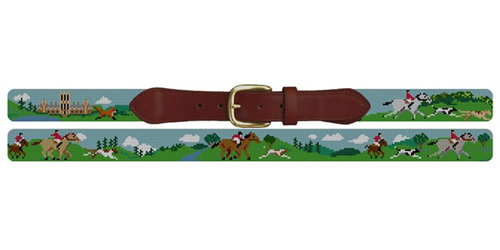 Needlepoint Equestrian Fox Hunt Scene Belt Sz S Hand-Painted Needlepoint Fox-Hunt Scene Canvas Belt main image 2