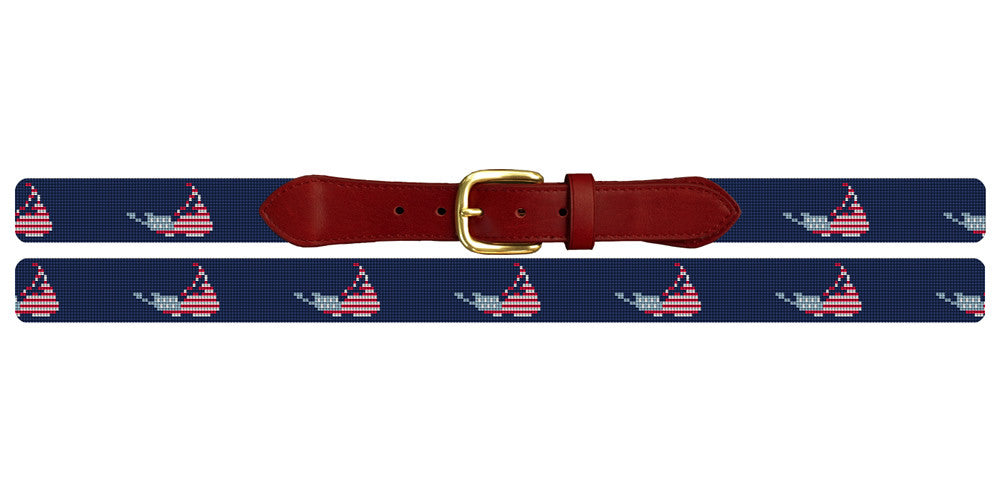 Nantucket Needlepoint Belt Navy Blue with American Flag Motif