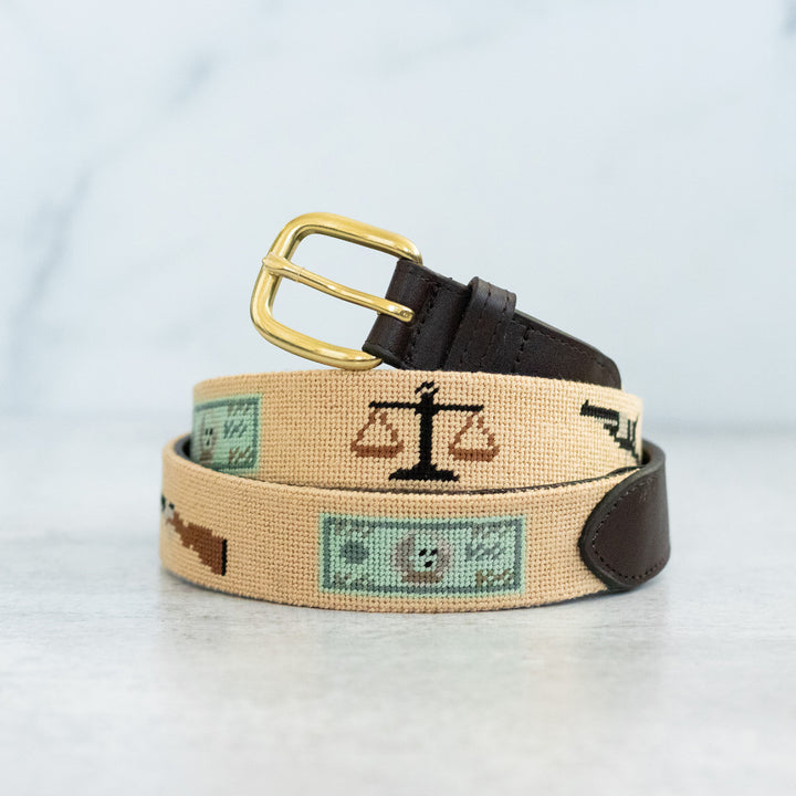 Send Lawyers, Guns and Money Needlepoint Belt