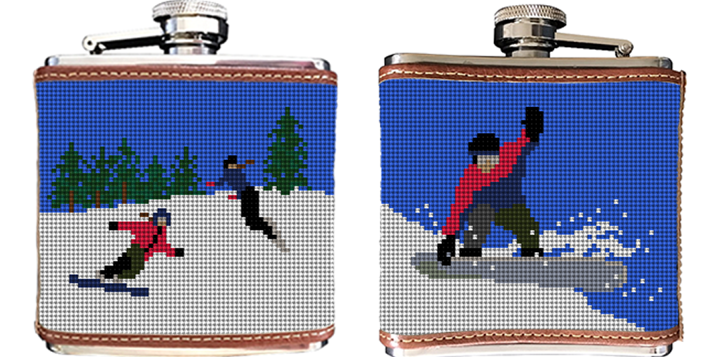 Snowboarding Needlepoint Flask