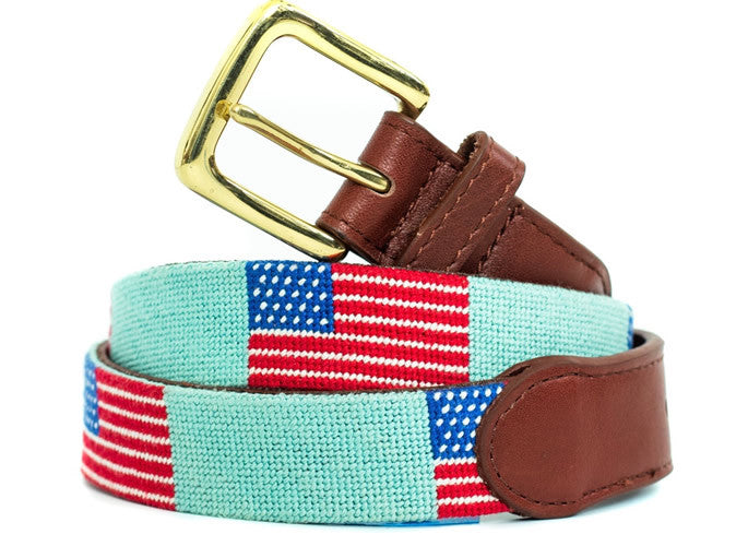 USA Flag On Light Green Needlepoint Belt