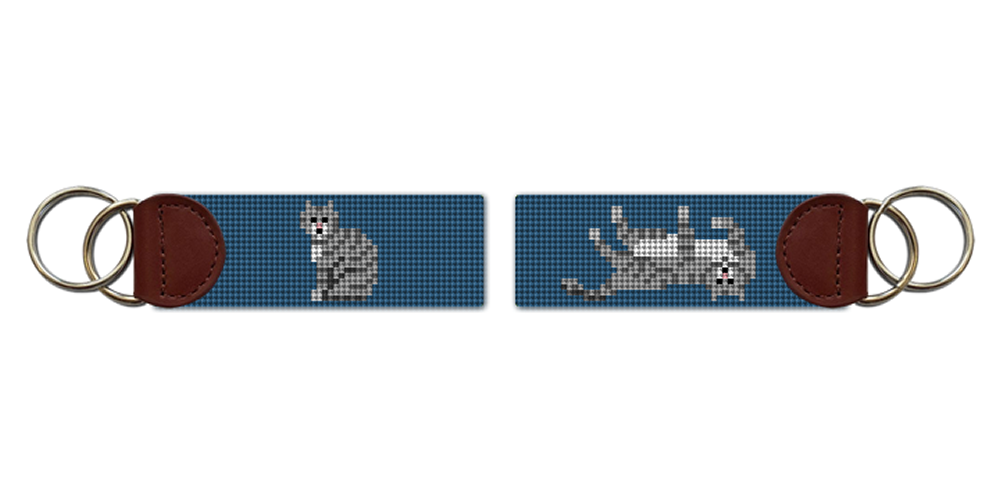 Grey Tabby Cat Needlepoint Key Fob