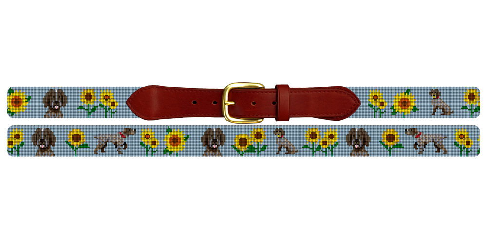 Pointer In The Sunflowers Needlepoint Belt